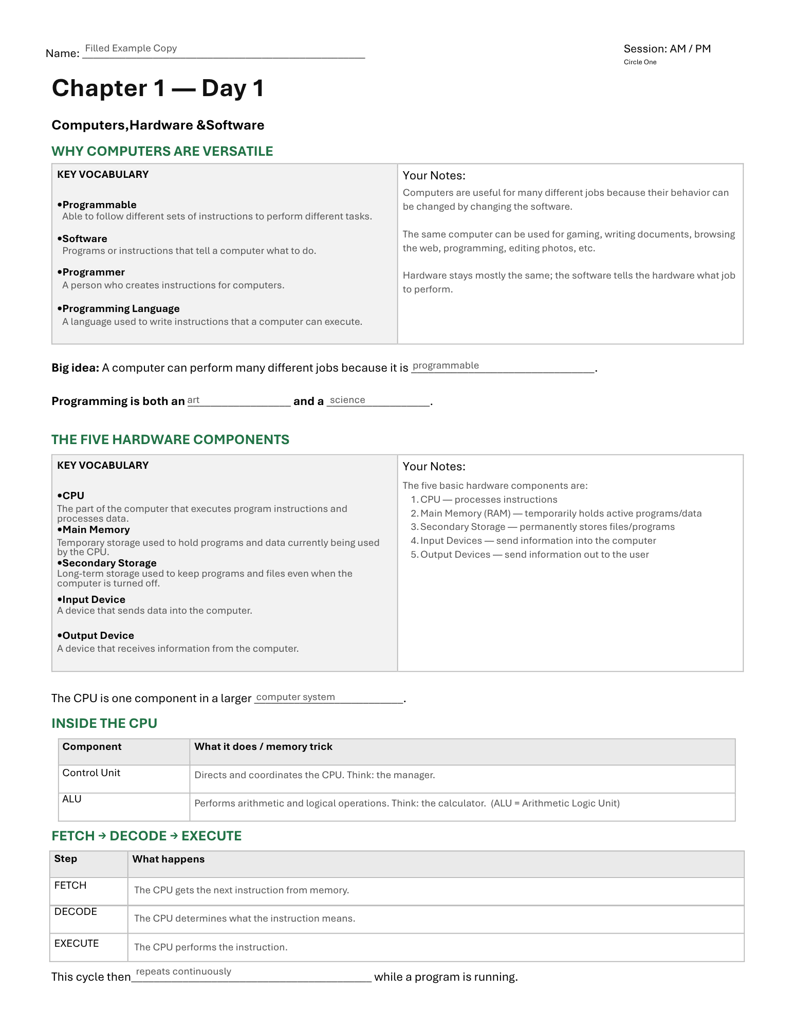 Completed guided notes, page 1